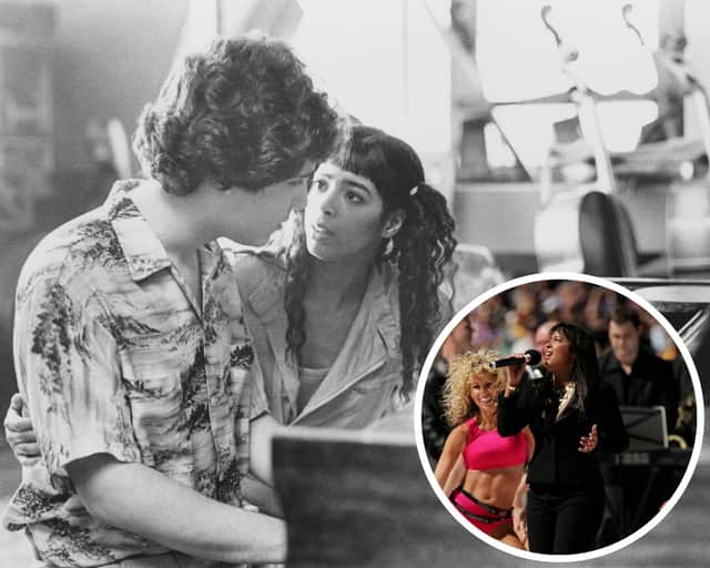 Bruno Martelli (Lee Curreri) tries to convince Coco Hernandez (Irene Cara) they should form a rock band, in a scene from 'Fame'. Inset: Irene Cara performs before the AFL Grand Final match in 2006