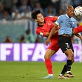 Kangin Lee of Korea Republic battles for possession with Nicolas De La Cruz of Uruguay during the World Cup Group H match (Photo by Clive Mason/Getty Images)