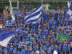 Al-Hilla fans at the Prince Faisal bin Fahd Stadium. (Photo by FAYEZ NURELDINE/AFP via Getty Images)