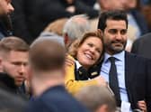 Newcastle United co-owners Amanda Staveley and husband Mehrdad Ghodoussi embrace as their Wedding anniversary is displayed on the big screen during the Premier League match between Newcastle United and Aston Villa at St. James Park on October 29, 2022 in Newcastle upon Tyne, England. 