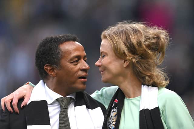 Newcastle co-owner Amanda Staveley with director Majed Al Sorour on a pitch walk during half time during the Premier League match between Newcastle United and Arsenal at St. James Park on May 16, 2022 in Newcastle upon Tyne, England. 