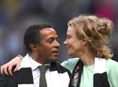 Newcastle co-owner Amanda Staveley with director Majed Al Sorour on a pitch walk during half time during the Premier League match between Newcastle United and Arsenal at St. James Park on May 16, 2022 in Newcastle upon Tyne, England. 