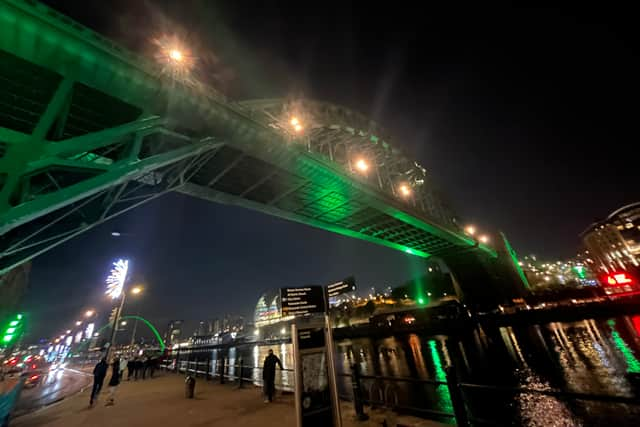 The Tyne Bridge also glows green on Tuesday evening (Image: NewcastleWorld)