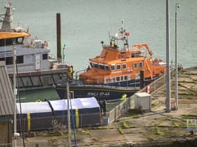 An RNLI life boat arrives back in port after taking part in a rescue mission in the English Channel.
