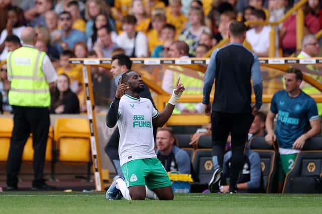llan Saint-Maximin of Newcastle United celebrates after scoring their team's first goal  during the Premier League match between Wolverhampton Wanderers and Newcastle United at Molineux on August 28, 2022 in Wolverhampton, England. (Photo by Eddie Keogh/Getty Images)