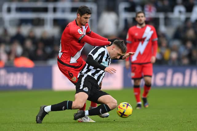 Newcastle youngster Dylan Stephenson is challenged by Rayo’s Santi Comesana (Photo by Stu Forster/Getty Images)