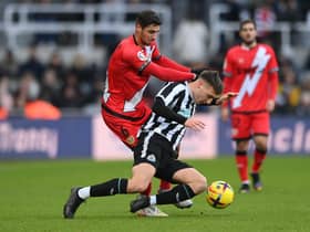 Newcastle youngster Dylan Stephenson is challenged by Rayo’s Santi Comesana (Photo by Stu Forster/Getty Images)