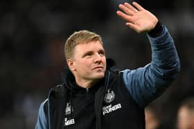 Newcastle United Manager, Eddie Howe waves prior to the Carabao Cup Fourth Round match between Newcastle United and AFC Bournemouth at St James’ Park on December 20, 2022 in Newcastle upon Tyne, England. 