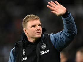 Newcastle United Manager, Eddie Howe waves prior to the Carabao Cup Fourth Round match between Newcastle United and AFC Bournemouth at St James’ Park on December 20, 2022 in Newcastle upon Tyne, England. 