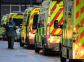 A queue of ambulances are seen outside the Royal London Hospital emergency department on November 24, 2022. That week, nearly three in 10 ambulances were queuing outside hospitals in England. 
