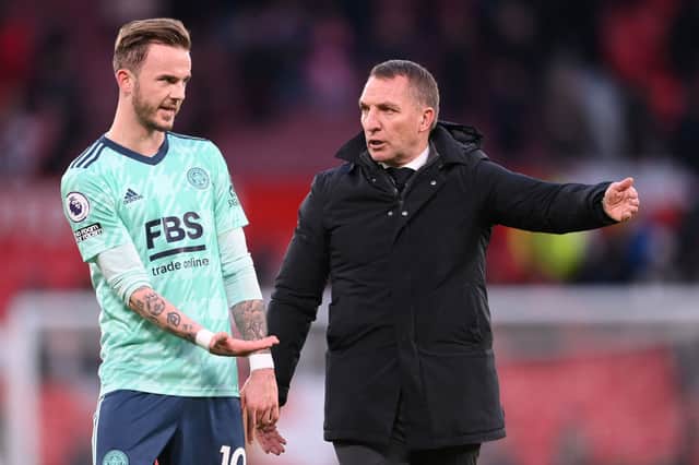 Leicester City midfielder James Maddison and manager Brendan Rodgers. (Photo by Laurence Griffiths/Getty Images)