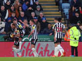 Joelinton of Newcastle United celebrates with teammates after scoring the team’s third goal during the Premier League match between Leicester City and Newcastle United at The King Power Stadium on December 26, 2022 in Leicester, England.