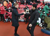 Newcastle United head coach Eddie Howe (left) and Arsenal boss Mikel Arteta (right). (Photo by Stuart MacFarlane/Arsenal FC via Getty Images)