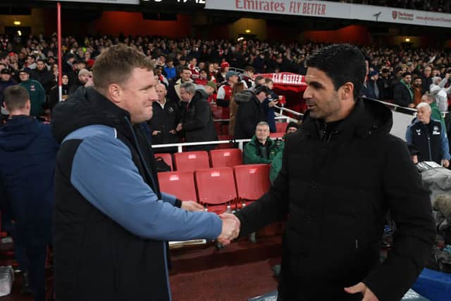 Newcastle United head coach Eddie Howe (left) and Arsenal boss Mikel Arteta (right).