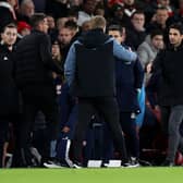 Mikel Arteta manager of Arsenal shakes hands with Eddie Howe manager of Newcastle United. 