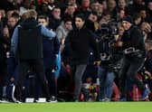 Mikel Arteta manager of Arsenal shakes hands with Eddie Howe manager of Newcastle United. 