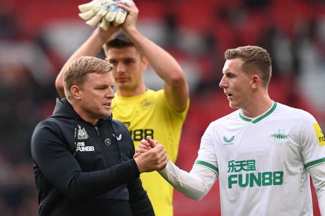Newcastle United head coach Eddie Howe (left) and left-back Matt Targett (right).   (Photo by Stu Forster/Getty Images)