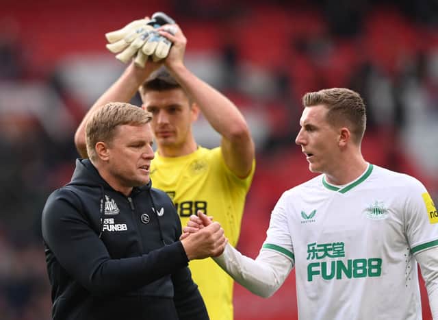 Newcastle United head coach Eddie Howe (left) and left-back Matt Targett (right). (Photo by Stu Forster/Getty Images)