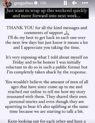 Greg O’Shea reacted to the interview feedback in an Instagram story (Instagram/gregoshea)