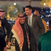 RIYADH, SAUDI ARABIA - JANUARY 03: Cristiano Ronaldo greets President of Al-Nassr, Musalli Al-Muammar ahead of the official unveiling of Cristiano Ronaldo as an Al Nassr player at Mrsool Park Stadium on January 3, 2023 in Riyadh, Saudi Arabia. (Photo by Yasser Bakhsh/Getty Images)