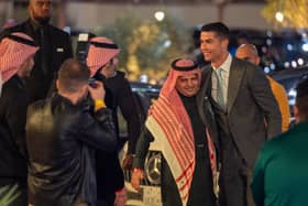RIYADH, SAUDI ARABIA - JANUARY 03: Cristiano Ronaldo greets President of Al-Nassr, Musalli Al-Muammar ahead of the official unveiling of Cristiano Ronaldo as an Al Nassr player at Mrsool Park Stadium on January 3, 2023 in Riyadh, Saudi Arabia. (Photo by Yasser Bakhsh/Getty Images)