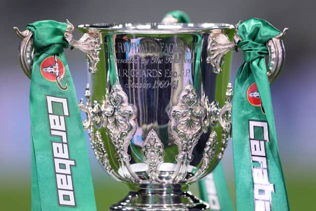 NEWCASTLE UPON TYNE, ENGLAND - JANUARY 10: A general view of the Carabao Cup trophy prior to the Carabao Cup Quarter Final match between Newcastle United and Leicester City at St James' Park on January 10, 2023 in Newcastle upon Tyne, England. (Photo by George Wood/Getty Images)