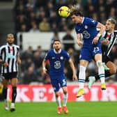 Conor Gallagher of Chelsea jumps for the ball with Bruno Guimaraes (Photo by Stu Forster/Getty Images)
