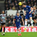 Conor Gallagher of Chelsea jumps for the ball with Bruno Guimaraes (Photo by Stu Forster/Getty Images)