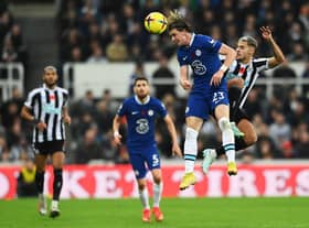 Conor Gallagher of Chelsea jumps for the ball with Bruno Guimaraes (Photo by Stu Forster/Getty Images)