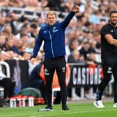 Newcastle United head coach Eddie Howe (left), assistant coach Jason Tindall (middle) and Crystal Palace boss Patrick Vieira (right). 