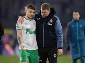 Kieran Trippier of Newcastle United speaks with Eddie Howe, Manager of Newcastle United, after the Premier League match between Crystal Palace and Newcastle United at Selhurst Park on January 21, 2023 in London, England. 