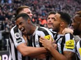 ewcastle United striker Alexander Isak celebrates with team mates after scoring the winning goal during the Premier League match between Newcastle United and Fulham FC at St. James Park on January 15, 2023 in Newcastle upon Tyne, England. (Photo by Stu Forster/Getty Images)