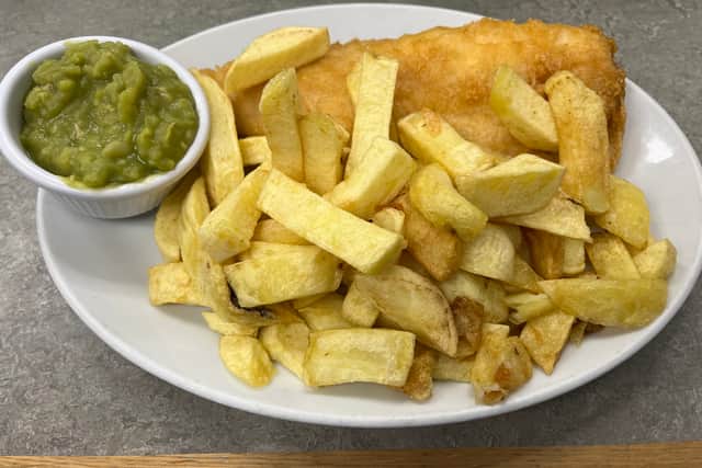Haddock, chips and peas at the Watefront