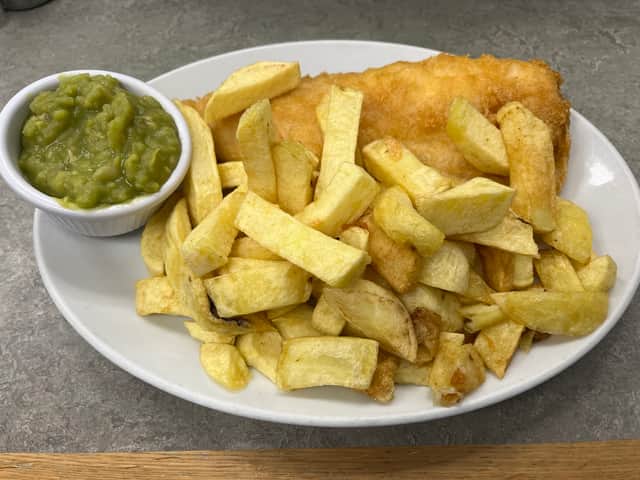 Haddock, chips and peas at the Watefront