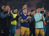 Kieran Trippier and Miguel Almiron of Newcastle United acknowledge the fans after the Carabao Cup Semi Final 1st Leg match between Southampton and Newcastle United at St Mary’s Stadium on January 24, 2023 in Southampton, England.