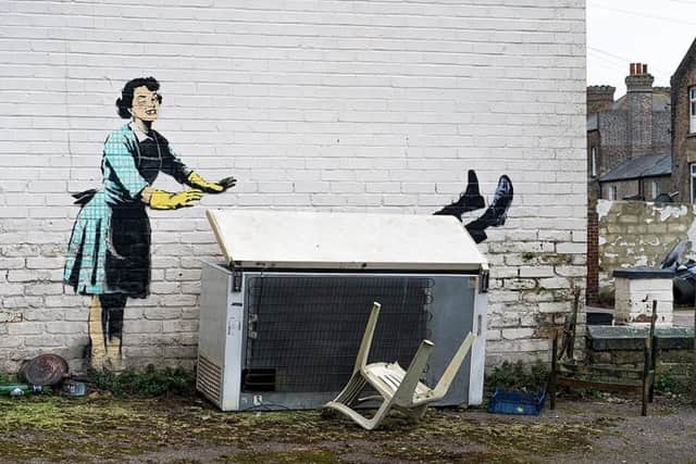 Renowned street artist Banksy has produced a new work of art highlighting domestic abuse on Valentine’s Day.