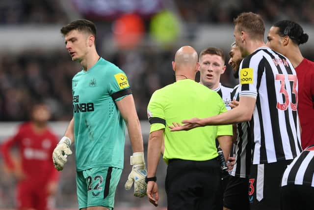 Newcastle United goalkeeper Nick Pope is sent off against Liverpool.  (Photo by Stu Forster/Getty Images)