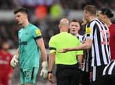 Newcastle United goalkeeper Nick Pope is sent off against Liverpool.  (Photo by Stu Forster/Getty Images)