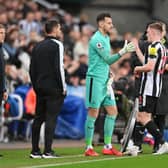 Newcastle United attacking midfielder Elliot Anderson is replaced by Martin Dubravka. (Photo by Stu Forster/Getty Images)