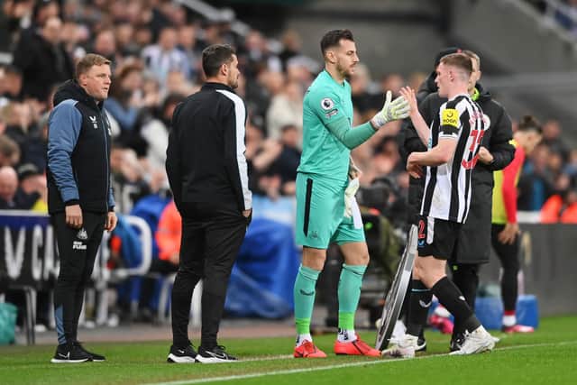 Newcastle United attacking midfielder Elliot Anderson is replaced by Martin Dubravka. (Photo by Stu Forster/Getty Images)