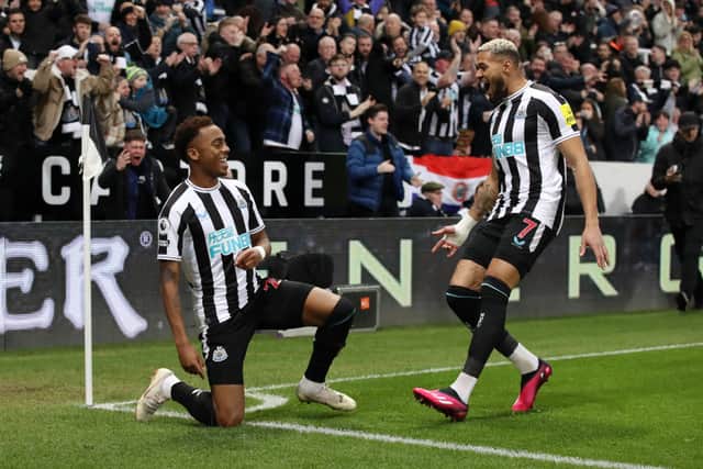 Newcastle United midfielders Joe Willock (left) and Joelinton (right). (Photo by George Wood/Getty Images)