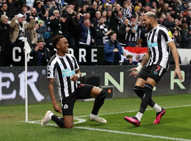 Newcastle United midfielders Joe Willock (left) and Joelinton (right). (Photo by George Wood/Getty Images)