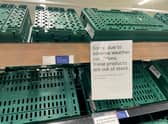 Empty shelves are seen in the fruit and vegetable aisles of a Tesco supermarket on February 22, 2023 in Burgess Hill.