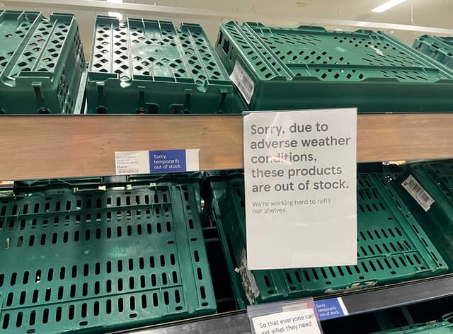 Empty shelves are seen in the fruit and vegetable aisles of a Tesco supermarket on February 22, 2023 in Burgess Hill.