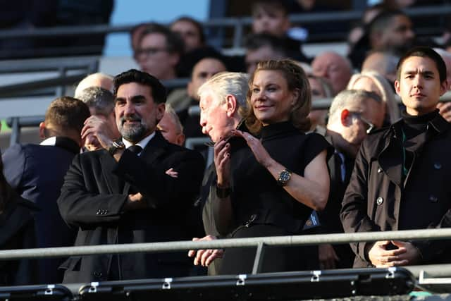 LONDON, ENGLAND - FEBRUARY 26: Newcastle United co owners, Amanda Staveley and Mehrdad Ghodoussi watch on during the Carabao Cup Final match between Manchester United and Newcastle United at Wembley Stadium on February 26, 2023 in London, England. (Photo by Julian Finney/Getty Images)