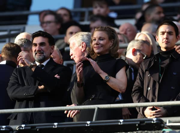 LONDON, ENGLAND - FEBRUARY 26: Newcastle United owners, Amanda Staveley and Yasir Al-Rumayyan watch on during the Carabao Cup Final match between Manchester United and Newcastle United at Wembley Stadium on February 26, 2023 in London, England. (Photo by Julian Finney/Getty Images)