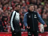 Newcastle United head coach Eddie Howe (right) and assistant Jason Tindall (left).  (Photo by ADRIAN DENNIS/AFP via Getty Images)