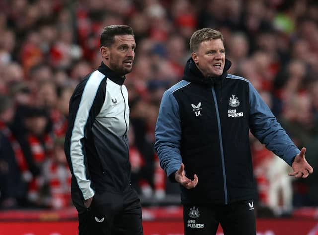 Newcastle United head coach Eddie Howe (right) and assistant Jason Tindall (left).  (Photo by ADRIAN DENNIS/AFP via Getty Images)