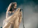 Riley Keough as Daisy Jones in Daisy Jones & The Six, performing in a style reminiscent of Stevie Nicks (Credit: Lacey Terrell/Prime Video)
