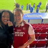 Love Island's Amber Gill with her Arsenal footballer girlfriend Jen Beattie on Sunday.
